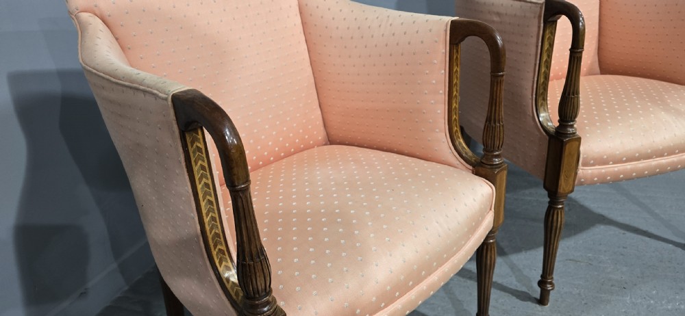 Fine Pair Mahogany Inlaid Armchairs View VIII