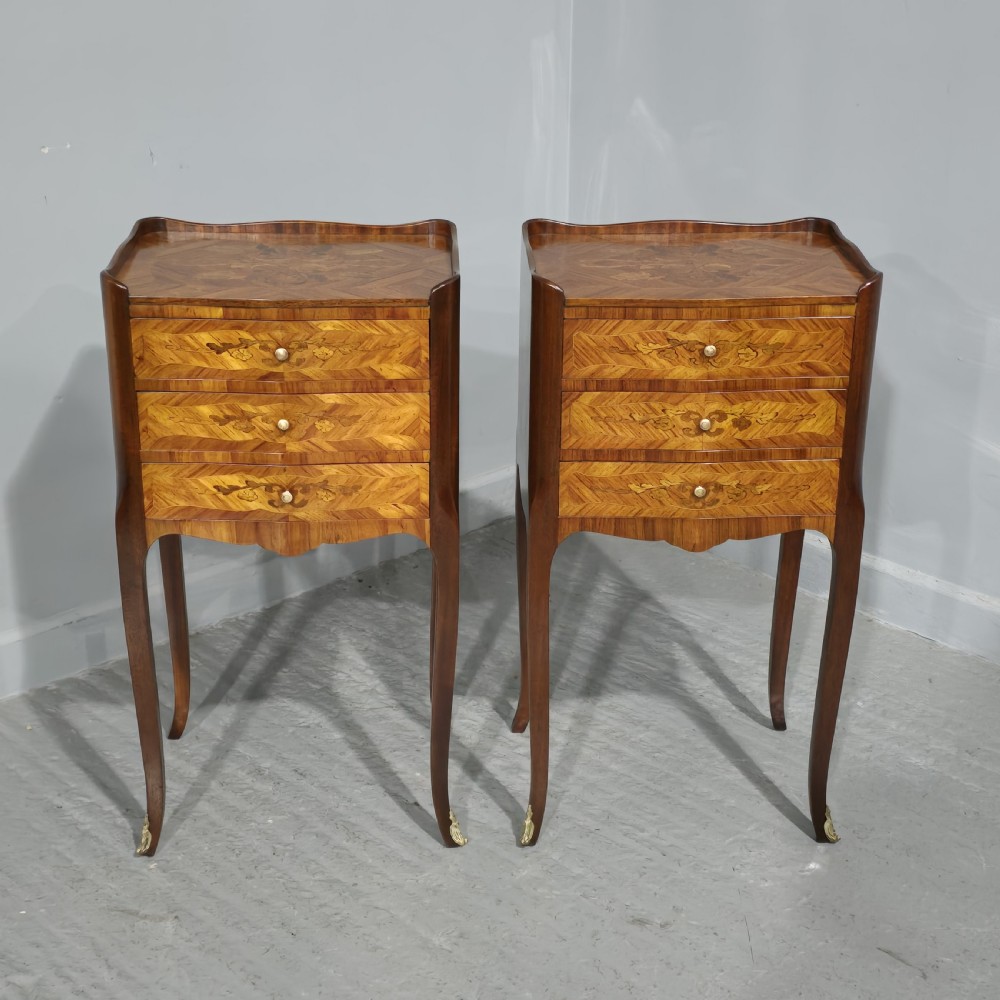 Pair French Marquetry Bedside Chests of Drawers