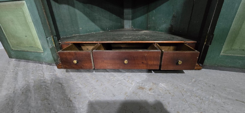 A floor-standing Regency mahogany corner cupboard featuring double panelled doors with flame mahogany veneers and central brass escutcheons. View VII