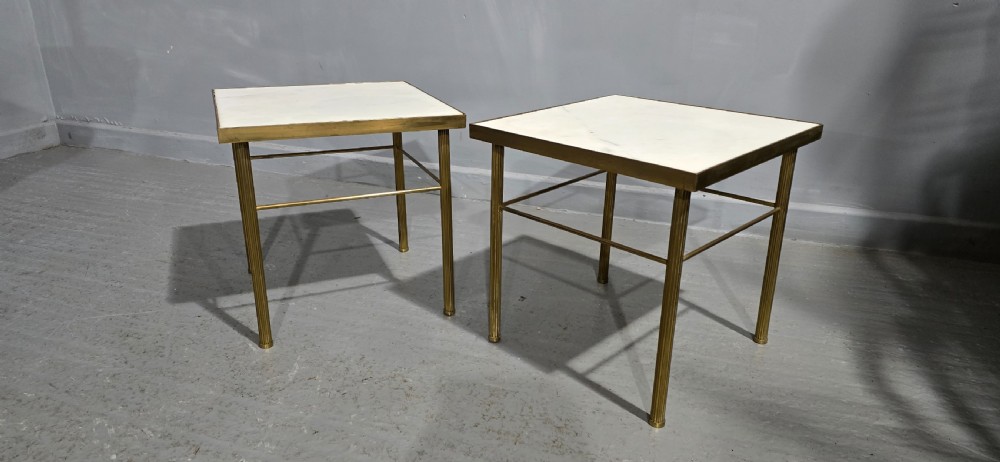 A pair of square French lamp tables with fluted brass legs, thin stretchers, and inset white marble tops. View II