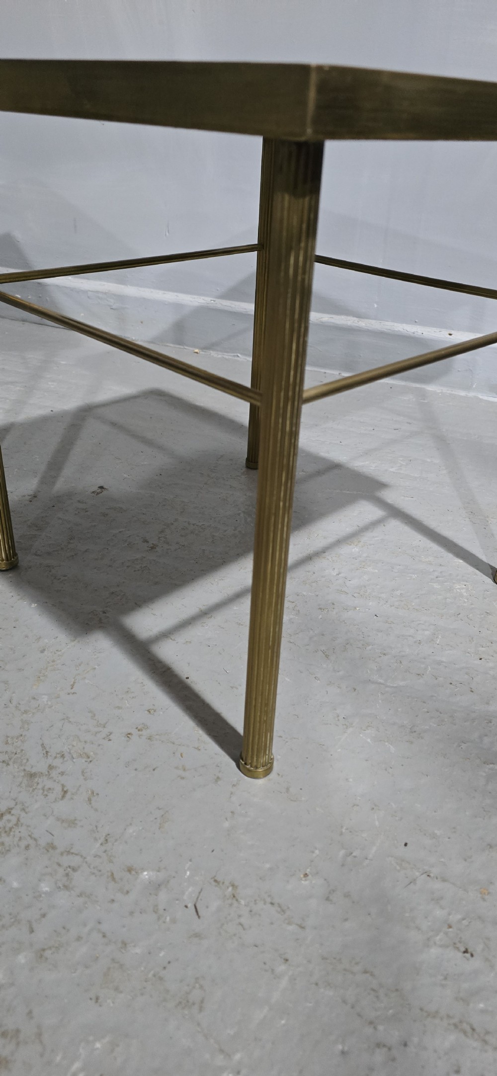 A pair of square French lamp tables with fluted brass legs, thin stretchers, and inset white marble tops. View III