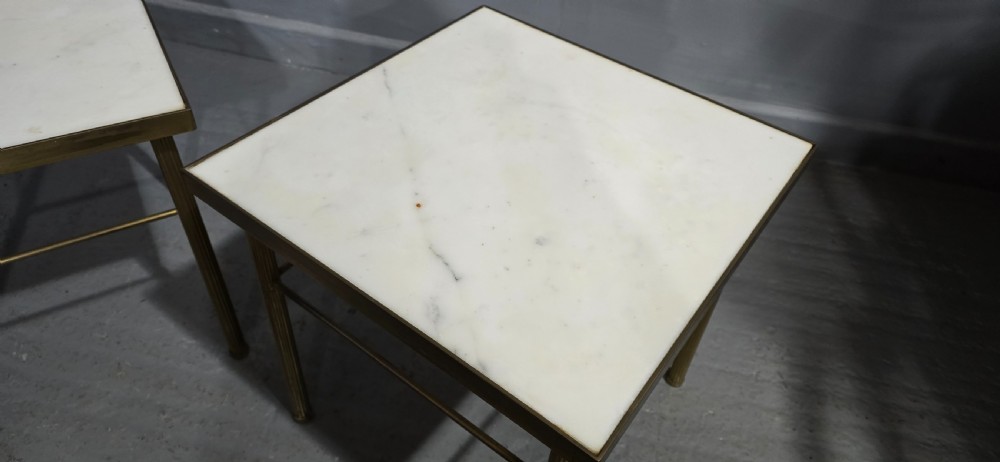 A pair of square French lamp tables with fluted brass legs, thin stretchers, and inset white marble tops. View IV