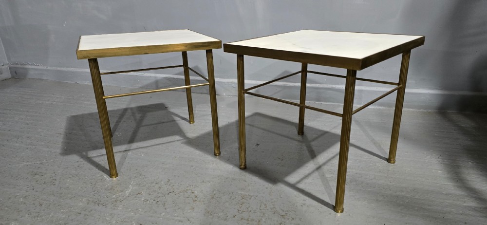 A pair of square French lamp tables with fluted brass legs, thin stretchers, and inset white marble tops. View VI