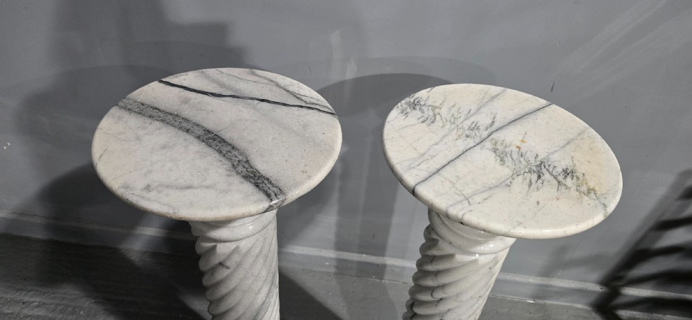 A pair of carved white and grey variegated marble pedestals with spiral shafts, circular capitals, and stepped moulded bases. View IV