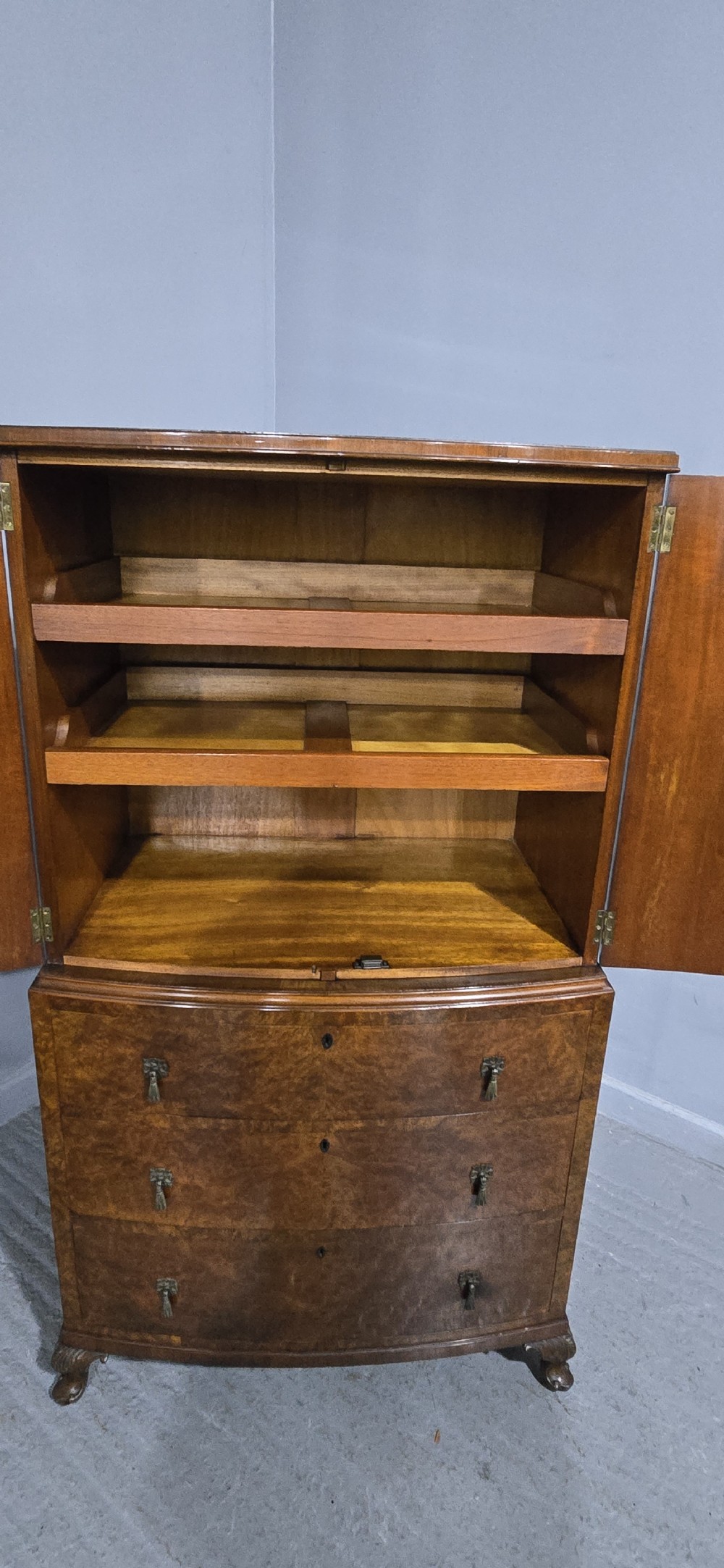Super Quality Burr Walnut Linen Press of Small Proportions View XII