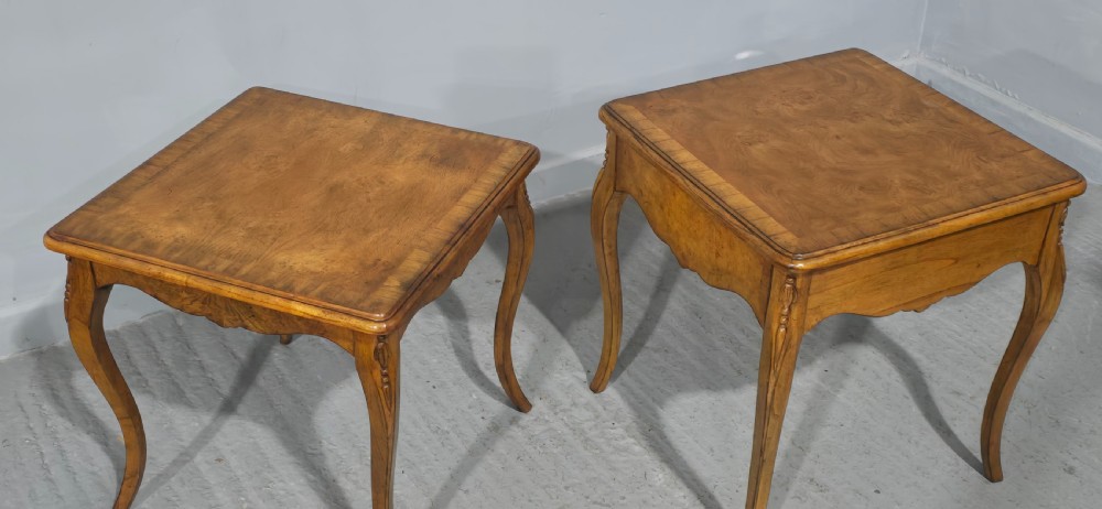A matching pair of square burr elm lamp tables featuring figured timber tops, shaped friezes, and slender cabriole legs. View III