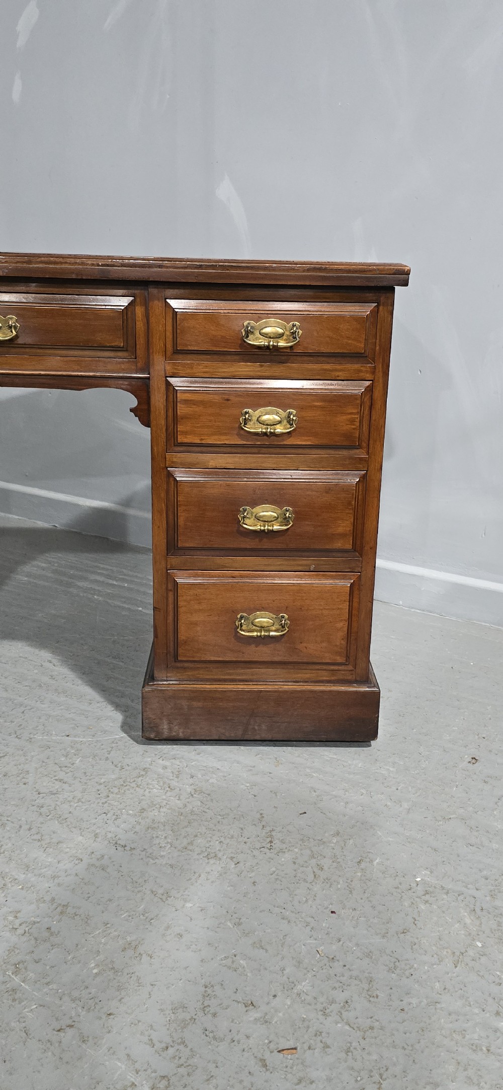 A warm brown mahogany pedestal desk featuring a green leather writing top, nine drawers, and brass swan-neck handles set upon twin plinth bases. View III