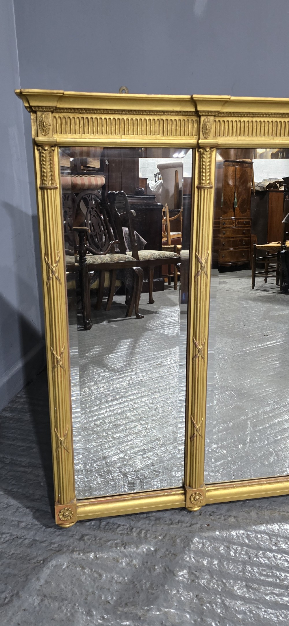 Large Regency Tryptich Gilt Overmantle Mirror View IV