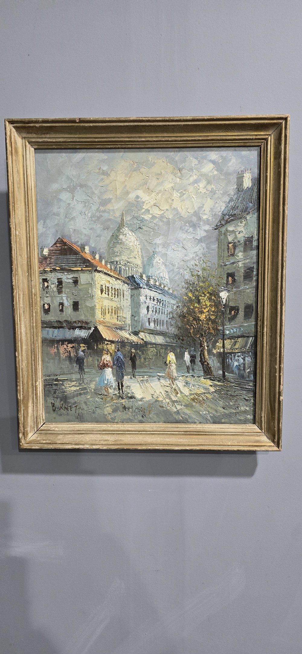 A framed oil painting depicting a Paris street scene with Sacre-Cur in the background, rendered in textured impasto brushstrokes. View II