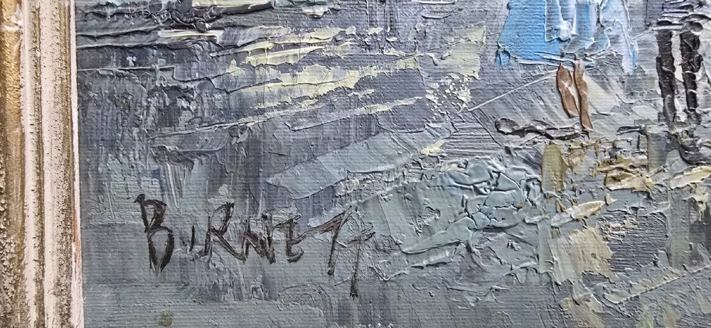 A framed oil painting depicting a Paris street scene with Sacre-Cur in the background, rendered in textured impasto brushstrokes. View IV