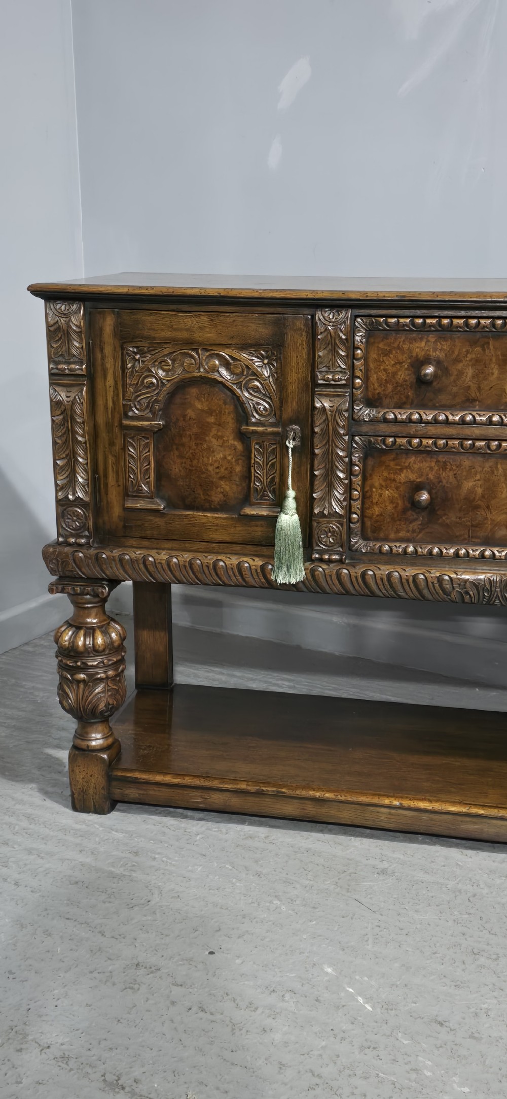 Superb Oak and Burr Walnut Elizabethan Sideboard View VII