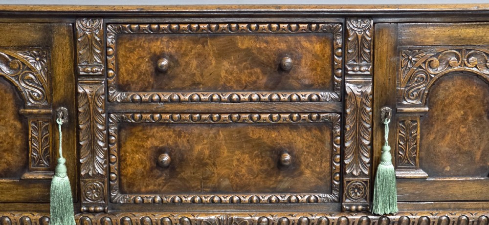 Superb Oak and Burr Walnut Elizabethan Sideboard View VIII