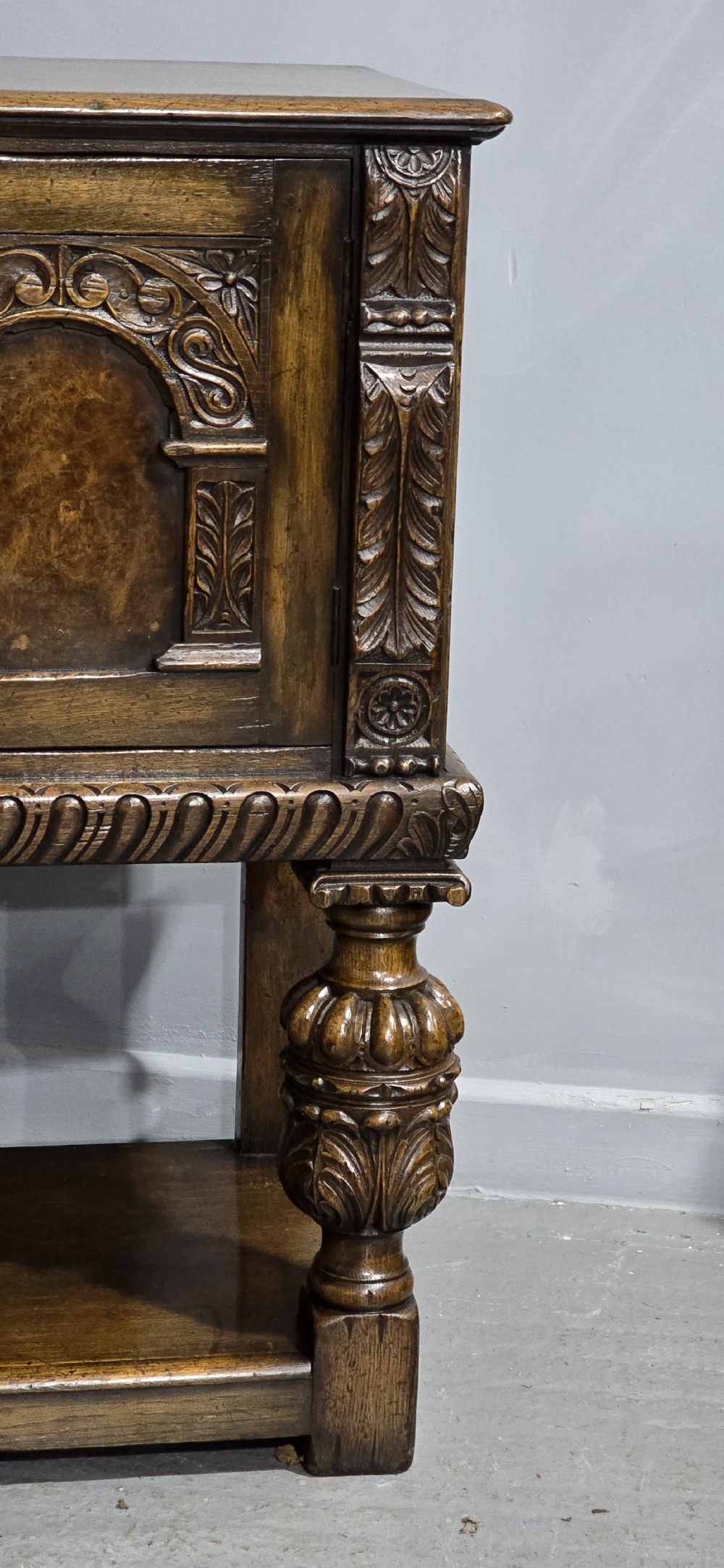 Superb Oak and Burr Walnut Elizabethan Sideboard View IX