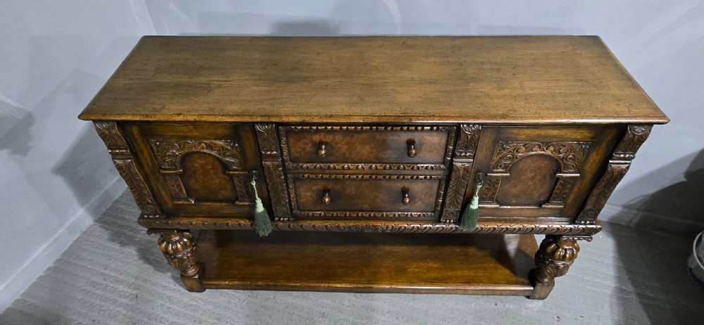 Superb Oak and Burr Walnut Elizabethan Sideboard View XI