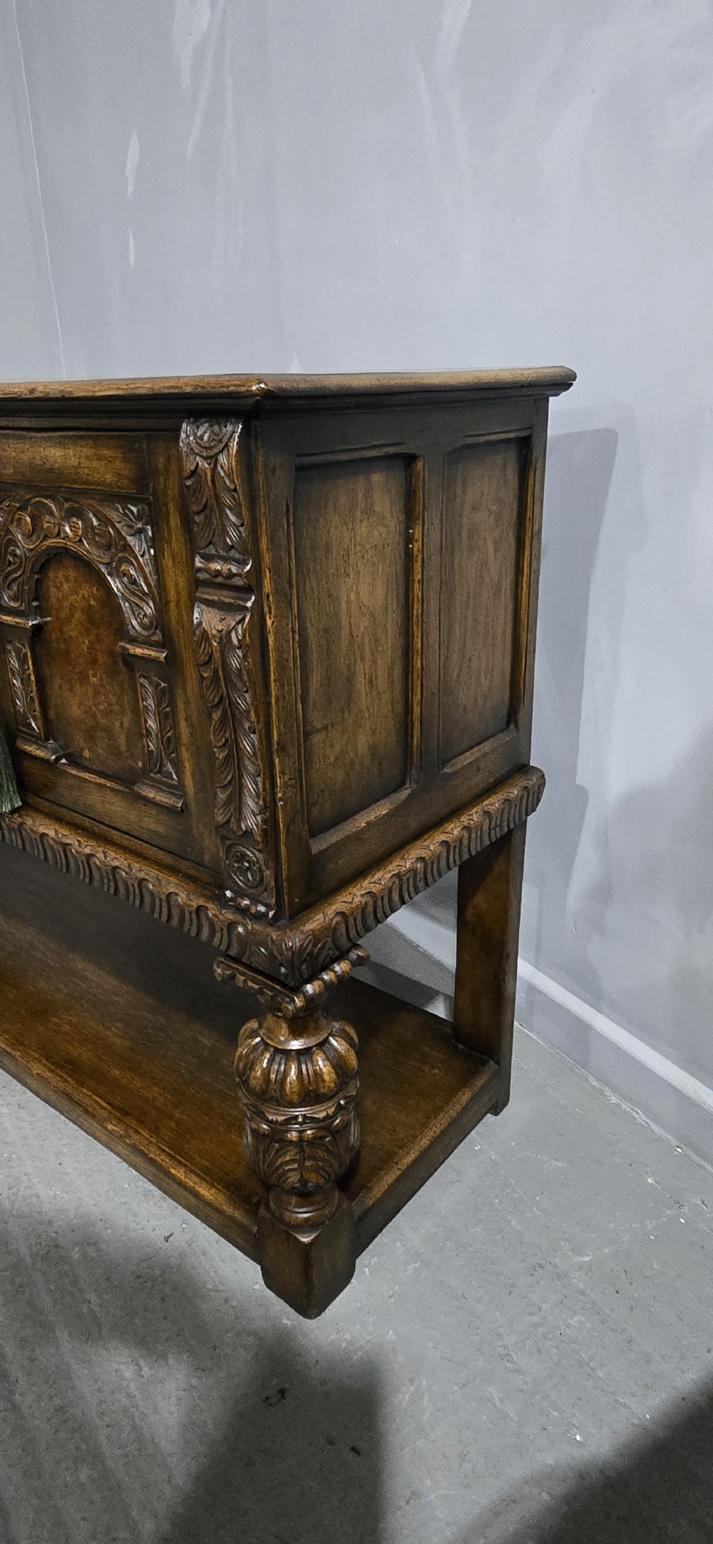 Superb Oak and Burr Walnut Elizabethan Sideboard View XII
