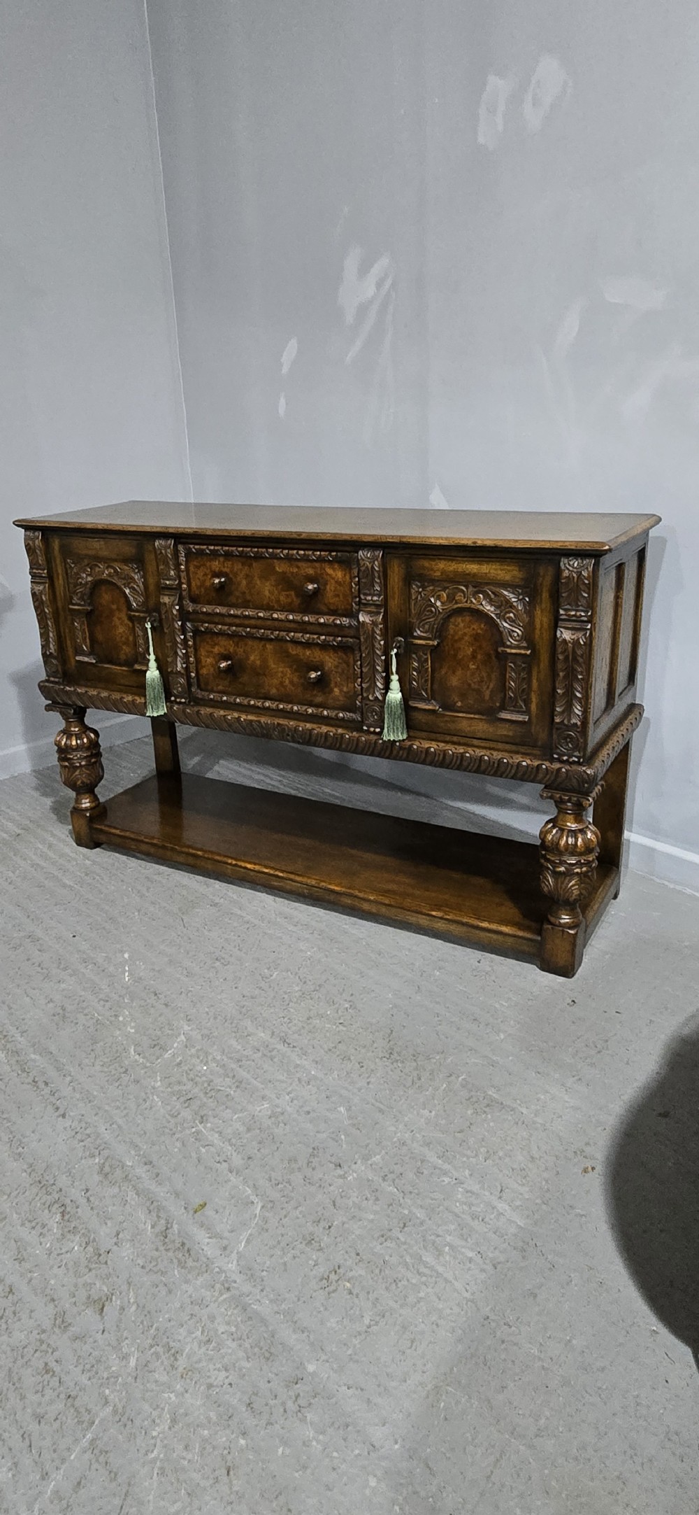 Superb Oak and Burr Walnut Elizabethan Sideboard View XIII