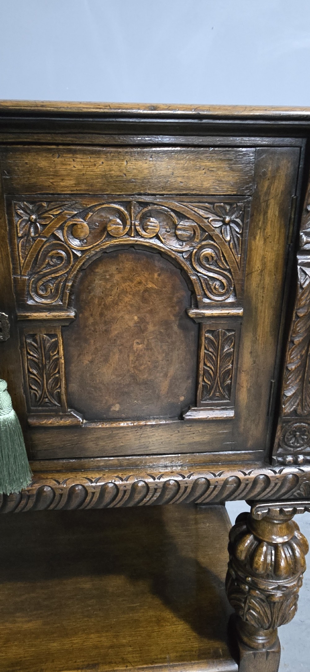 Superb Oak and Burr Walnut Elizabethan Sideboard View XVIII