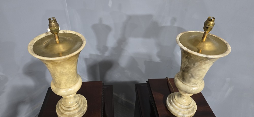 A pair of carved cream Italian marble urn-form table lamps with fabric shades trimmed in dark beaded fringe. View VII