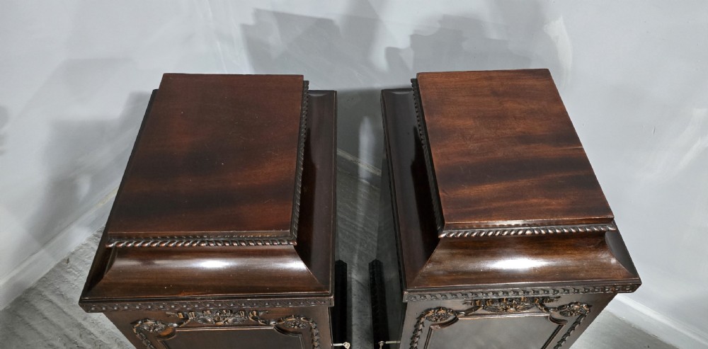 A pair of dark mahogany Regency style side cabinets featuring carved swags, floral rosettes, stepped tops, and plinth bases. View X
