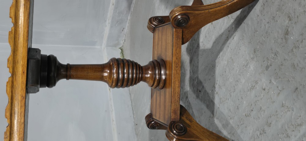 A pair of matching English walnut wine tables featuring gallery tops with wood inlay, turned central pedestals, and splayed legs. View III
