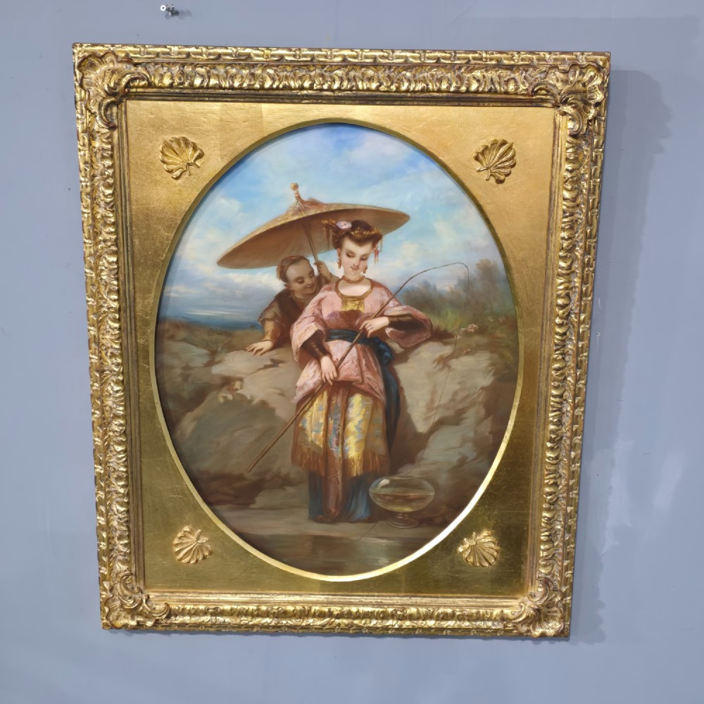 A 19th-century pastel painting depicting figures in traditional East Asian attire set within an oval mount inside a rectangular gilded frame with shell corner spandrels.