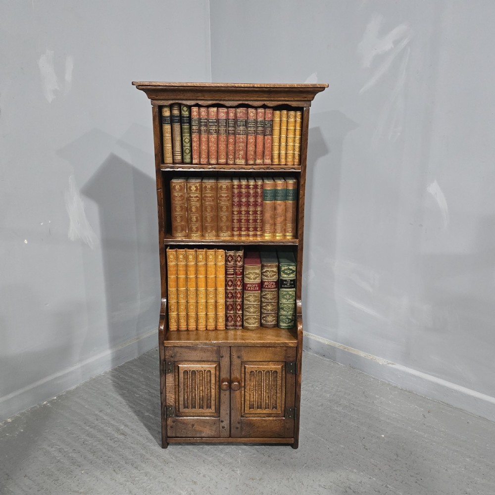 A dark solid oak open bookcase featuring three upper shelves and a two-door base cupboard with carved vertical panels. View III