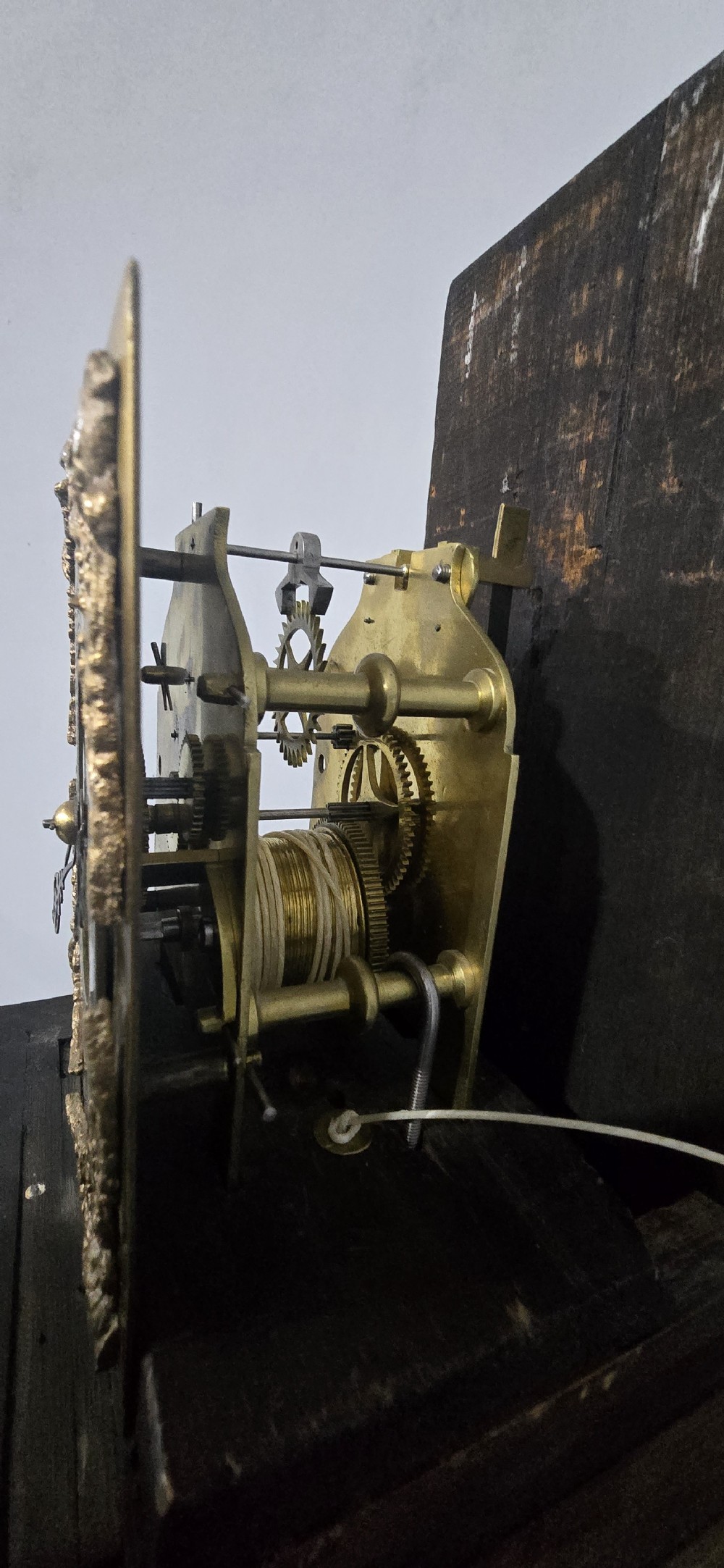 A slim floor-standing longcase clock crafted from figured burr walnut with a square brass dial and bracket feet. View XII
