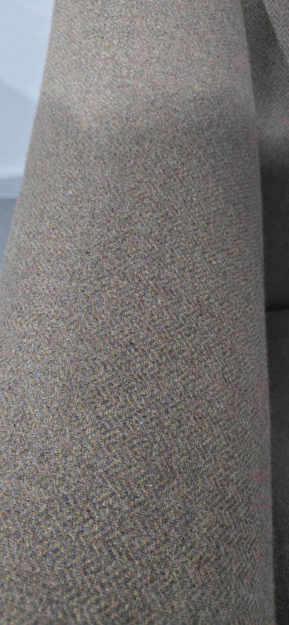 A traditional upholstered armchair in neutral taupe wool featuring carved mahogany cabriole front legs and claw-and-ball feet. View XII