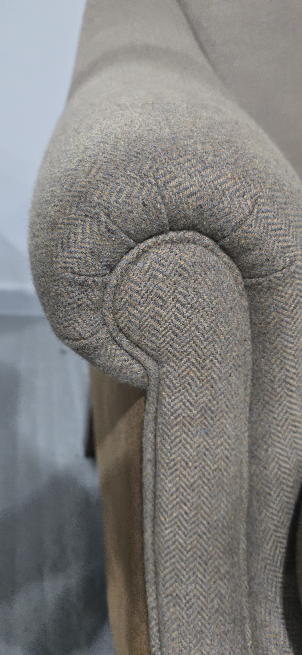 A traditional upholstered armchair in neutral taupe wool featuring carved mahogany cabriole front legs and claw-and-ball feet. View XIII