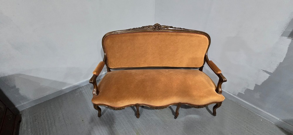 A French Louis XV style carved walnut settee with warm amber velvet upholstery, serpentine seat rail, and cabriole legs. View XVI