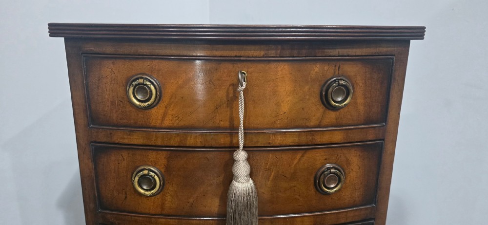 A tall Regency mahogany bowfront chest of drawers featuring six graduated drawers with ring pull handles and bracket feet. View IV
