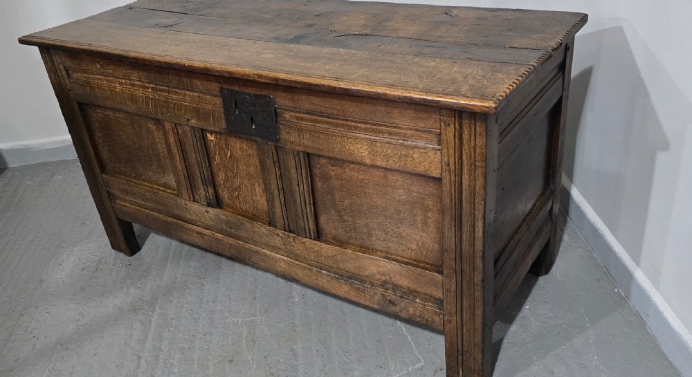 A dark brown Georgian oak coffer featuring a rectangular hinged lid, three recessed front panels, horizontal moulded rails, and an iron lock plate. View XI