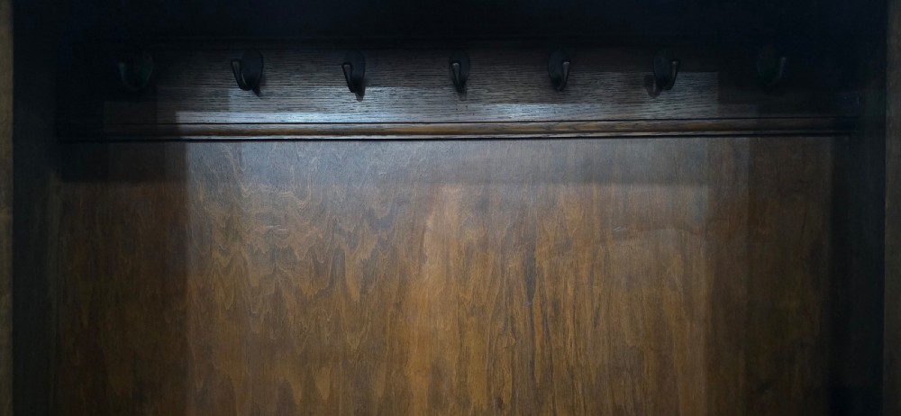 A dark oak open-fronted hanging hall robe featuring a top shelf with vertical back panelling and internal coat hooks. View IV