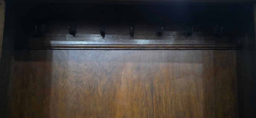 A dark oak open-fronted hanging hall robe featuring a top shelf with vertical back panelling and internal coat hooks. View V