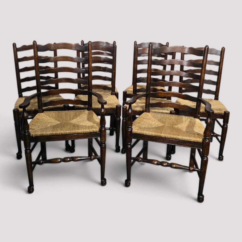 Good Set Eight Oak Ladder Backed Dining Chairs
