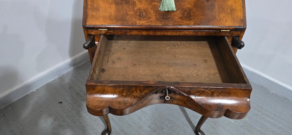 A Queen Anne style burr walnut writing bureau featuring a sloped front lid, shaped drawers with brass drop handles, and tall cabriole legs. View V