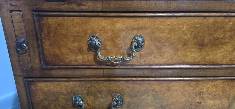 An antique Queen Anne burr walnut writing bureau featuring a sloping fall-front lid over four graduated drawers with brass drop handles and bracket feet. View X