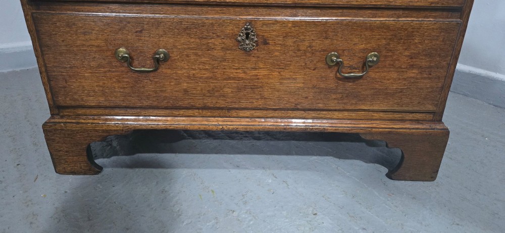 A Georgian oak chest of drawers featuring two short drawers above three long graduated drawers with brass swan-neck handles and bracket feet. View VIII