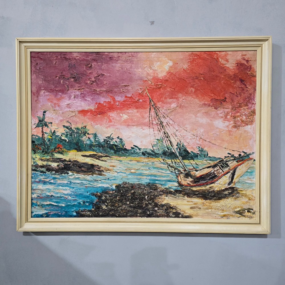 A framed impasto oil painting depicting a sailboat on a beach shoreline under a vibrant pink and red sky. View II