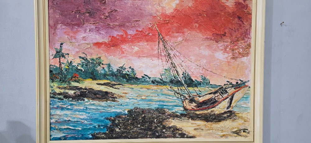 A framed impasto oil painting depicting a sailboat on a beach shoreline under a vibrant pink and red sky. View IV