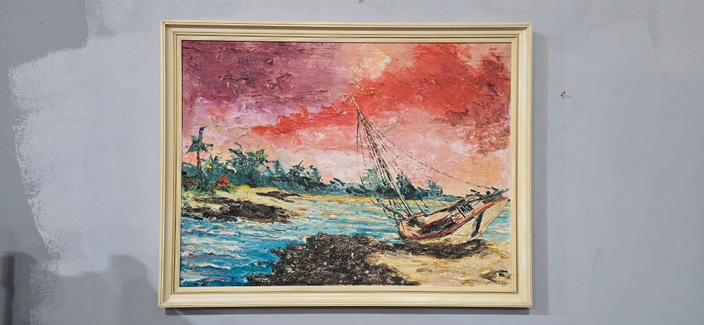 A framed impasto oil painting depicting a sailboat on a beach shoreline under a vibrant pink and red sky. View VI