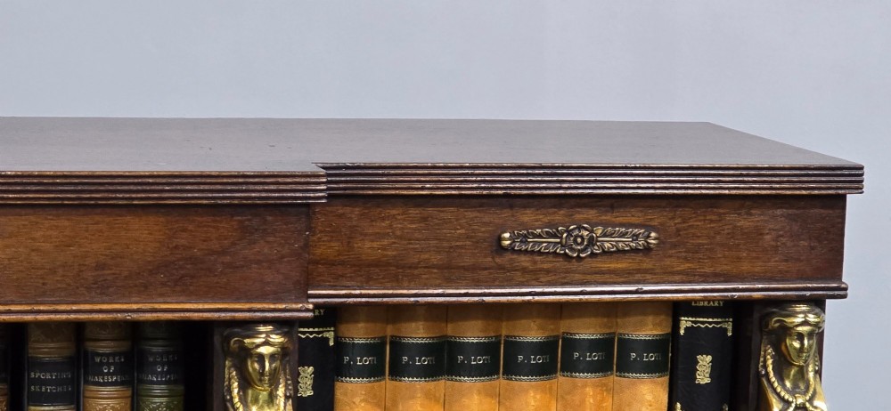 An antique Empire style breakfront low mahogany bookcase featuring three sections of open adjustable shelves filled with books and adorned with gilt bronze mounts and fluted pilasters. View IV