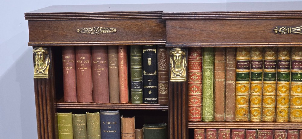 An antique Empire style breakfront low mahogany bookcase featuring three sections of open adjustable shelves filled with books and adorned with gilt bronze mounts and fluted pilasters. View VIII