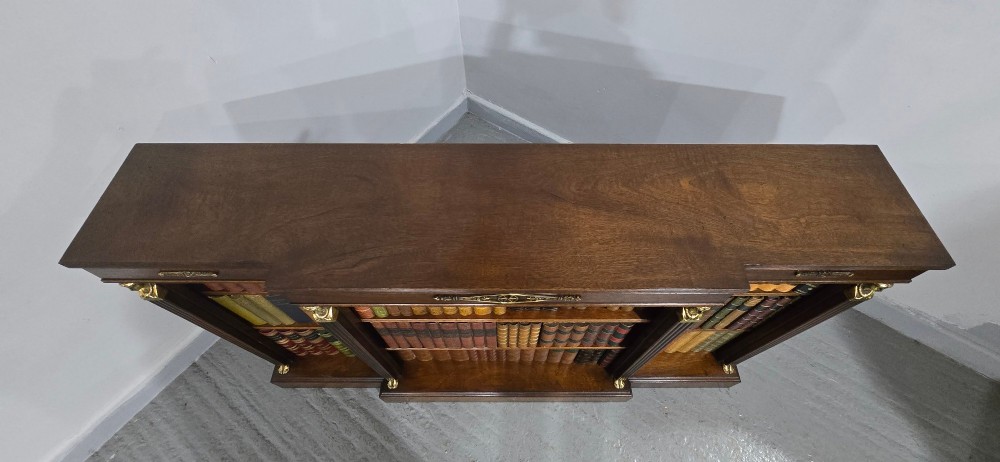 An antique Empire style breakfront low mahogany bookcase featuring three sections of open adjustable shelves filled with books and adorned with gilt bronze mounts and fluted pilasters. View IX