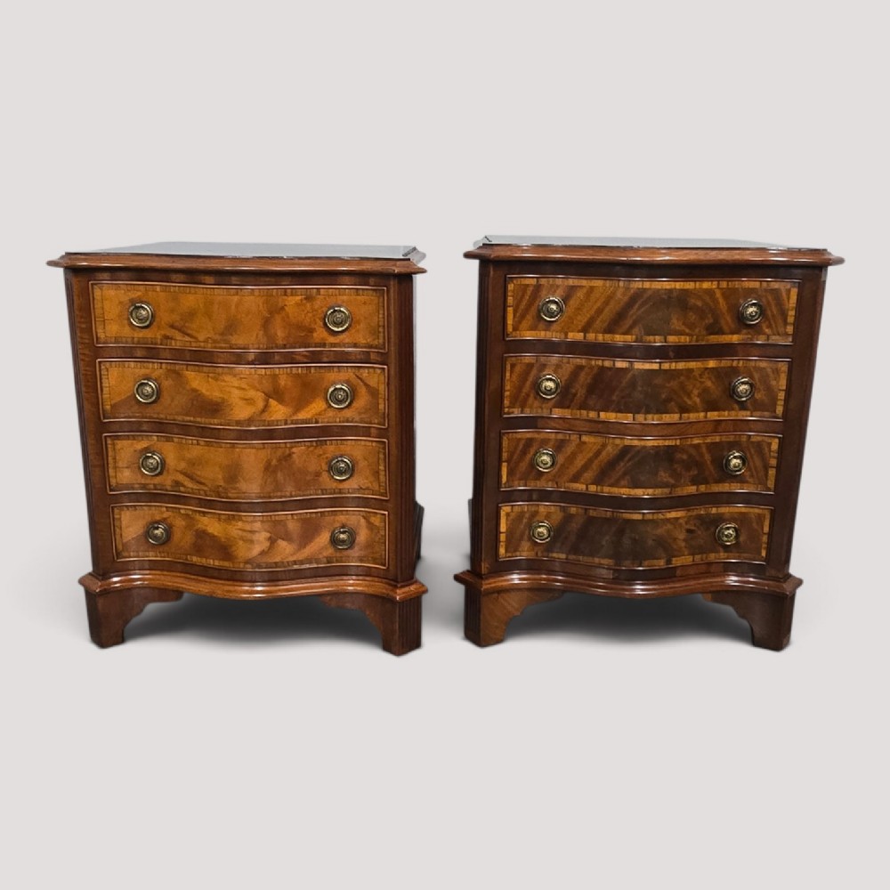 Pair Serpentine Mahogany Bedside Lamp Chests of Drawers