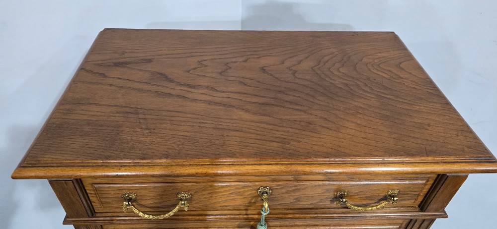 A tall French oak chest of drawers featuring six stacked drawers, brass swing handles, fluted side pilasters, and turned wooden feet. View X