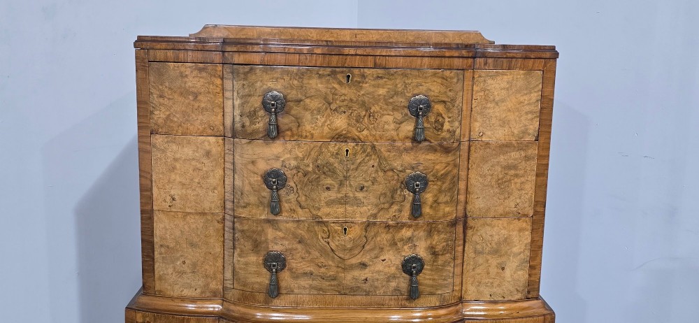 An antique burr walnut linen press featuring an upper drawer section and lower double-door cupboard supported by carved ball and claw feet. View IV
