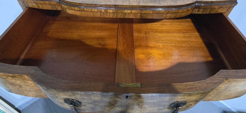 An antique burr walnut linen press featuring an upper drawer section and lower double-door cupboard supported by carved ball and claw feet. View VIII