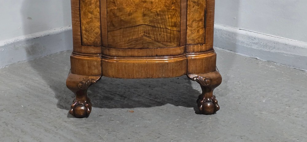 A burr walnut side cabinet with a bowed front, single drawer, cupboard door, and cabriole legs ending in carved claw and ball feet. View III
