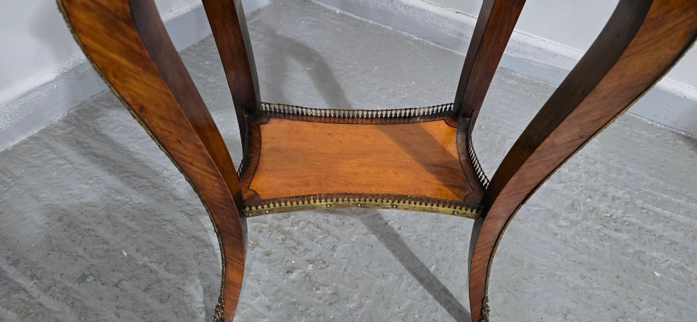 A French Louis XV revival style freestanding jewellery table crafted from walnut veneer with gilt-bronze ormolu mounts and cabriole legs. View IV